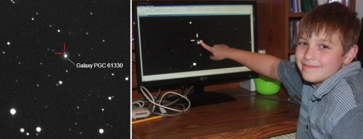 Canadian Nathan Gray (right) is likely the youngest person to discover a supernova (image credit: P. Gray). The supernova candidate (left) is probably located some 600 million light-years away (image credit: D. Lane).